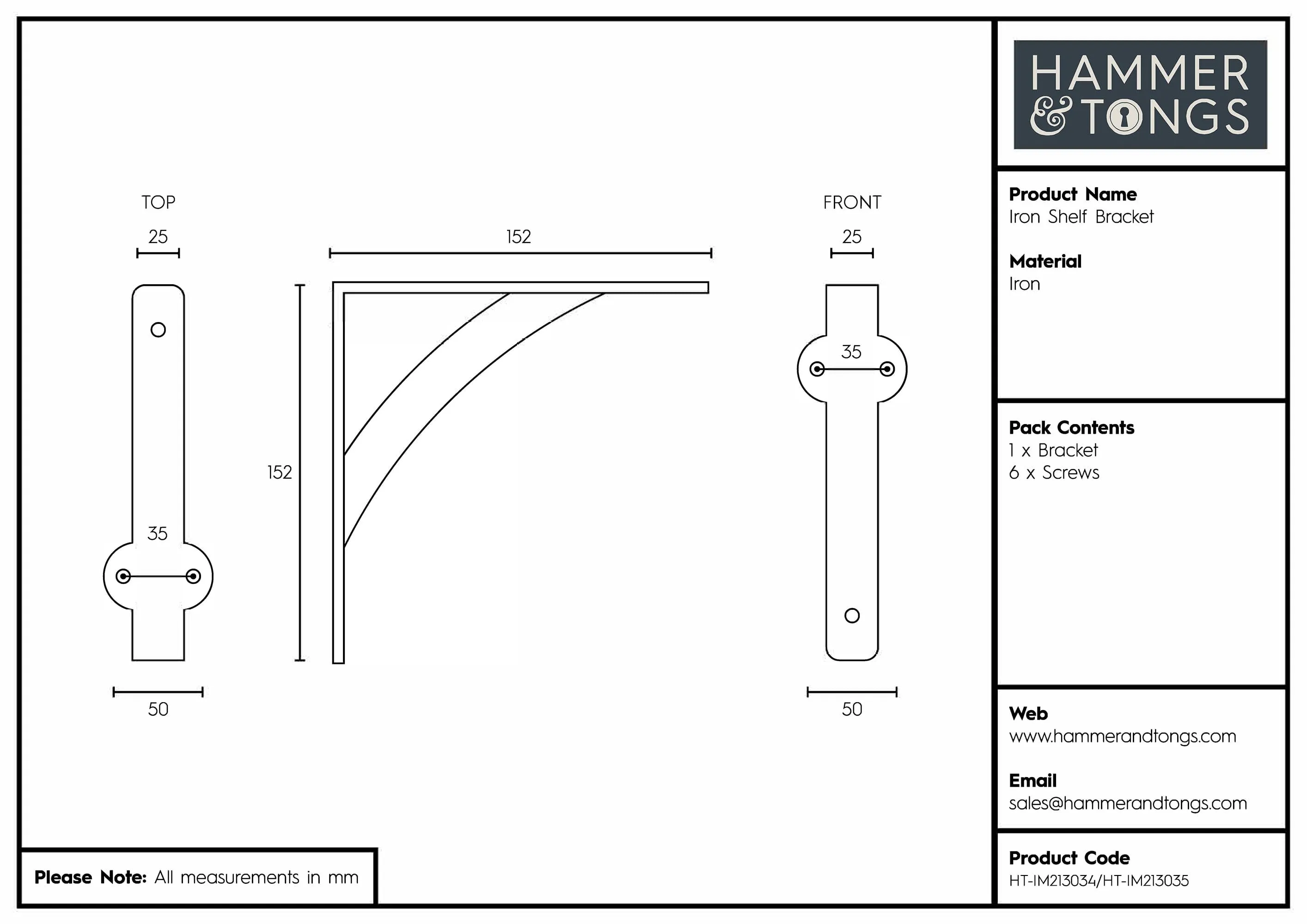 150mm Iron Shelf Bracket - By Hammer & Tongs