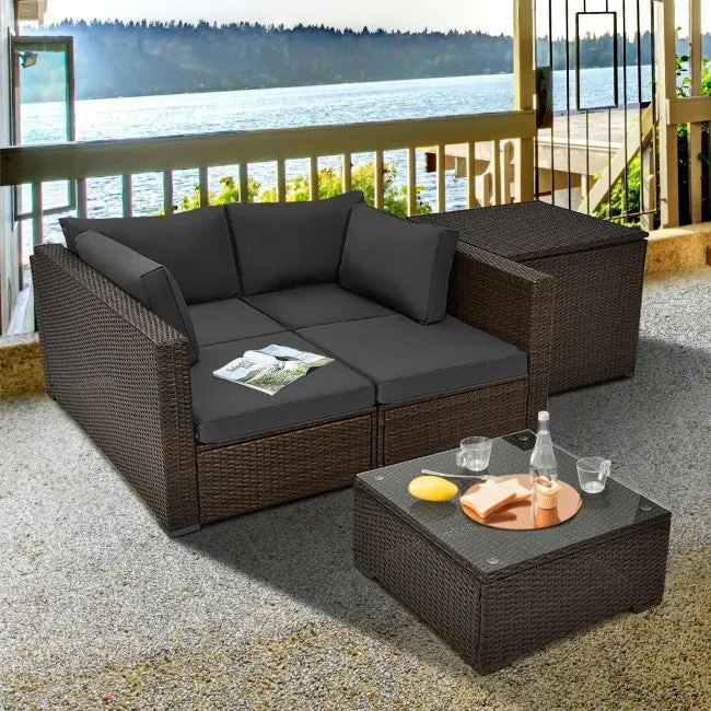 4pc Patio Rattan Furniture Set with Storage Box - Brown