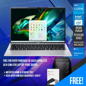 Acer Aspire Lite AL14-51M-57H1 Laptop (Pure Silver) | 14" WUXGA (1920x1200) IPS | i5-1235U | 8GB RAM | 512GB SSD | Intel HD Graphics | Windows 11 Home | MS Office Home & Student 2021 | Acer Entry Run Rate Backpack E-1620-P