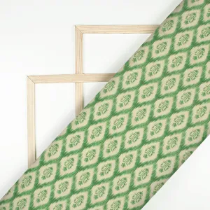 Basil Green And Off White Floral Pattern Digital Print Linen Textured Fabric (Width 56 Inches)