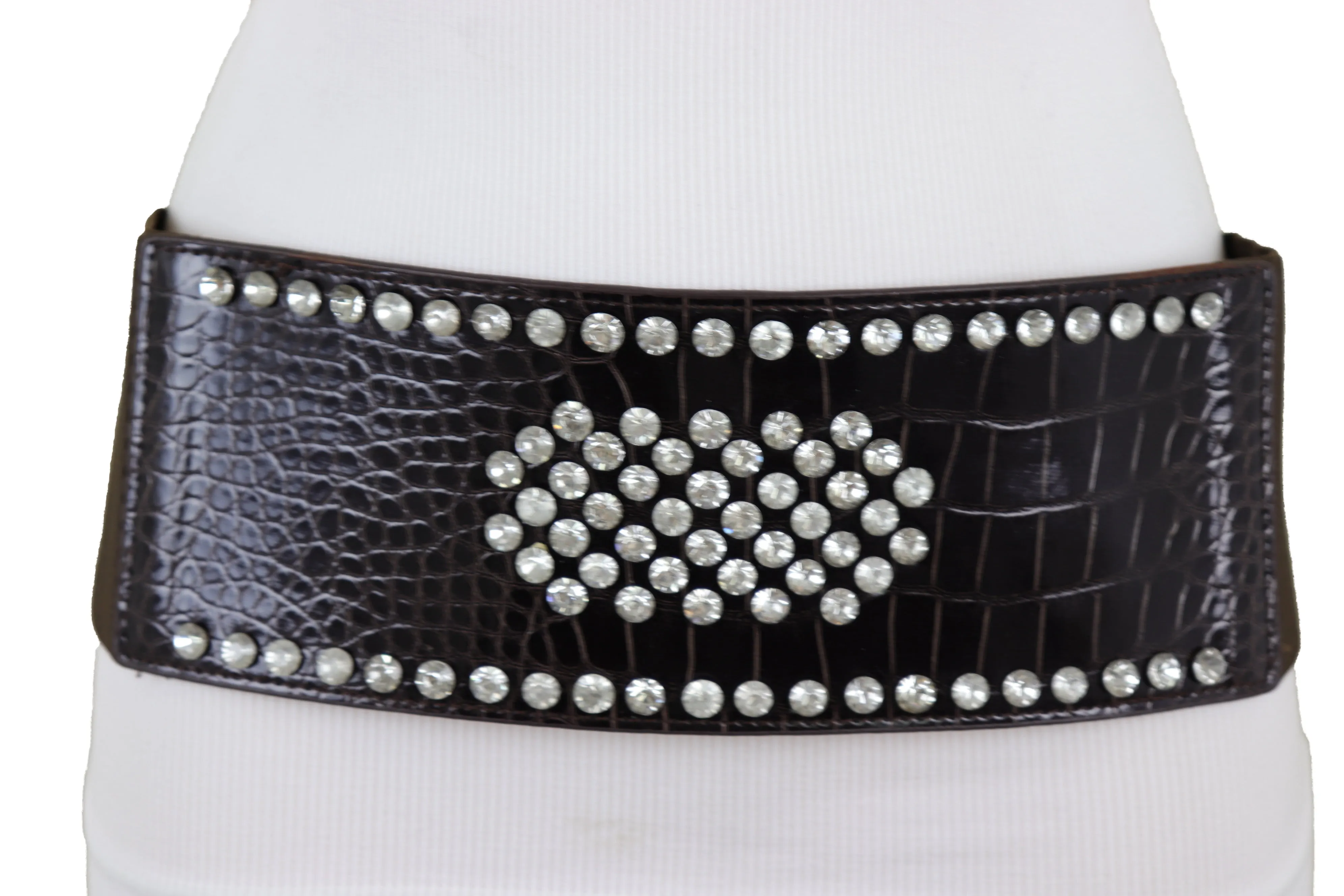 Dark Brown Faux Leather Elastic Wide Band Belt Silver Bling Shield Fit M L