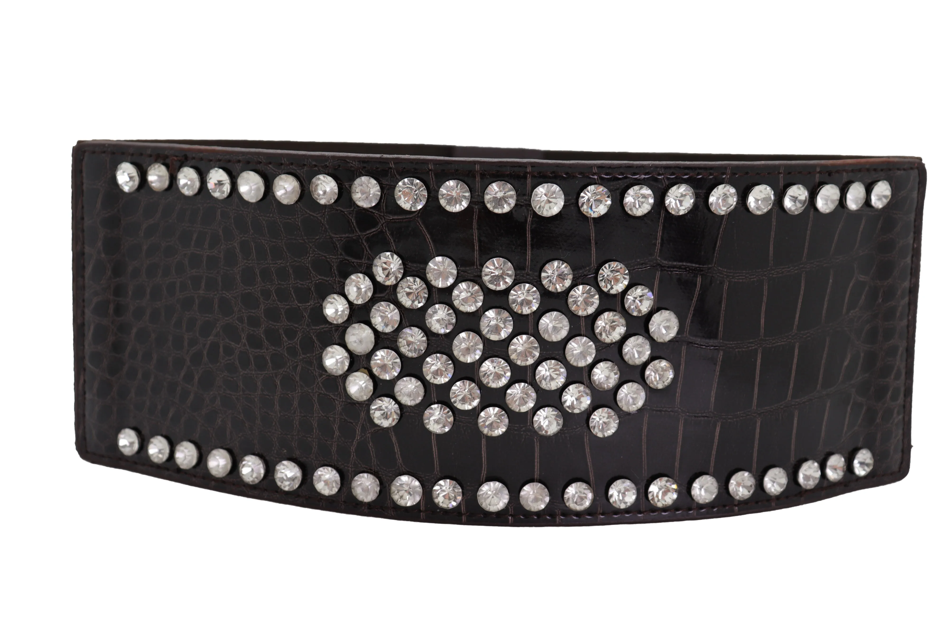 Dark Brown Faux Leather Elastic Wide Band Belt Silver Bling Shield Fit M L