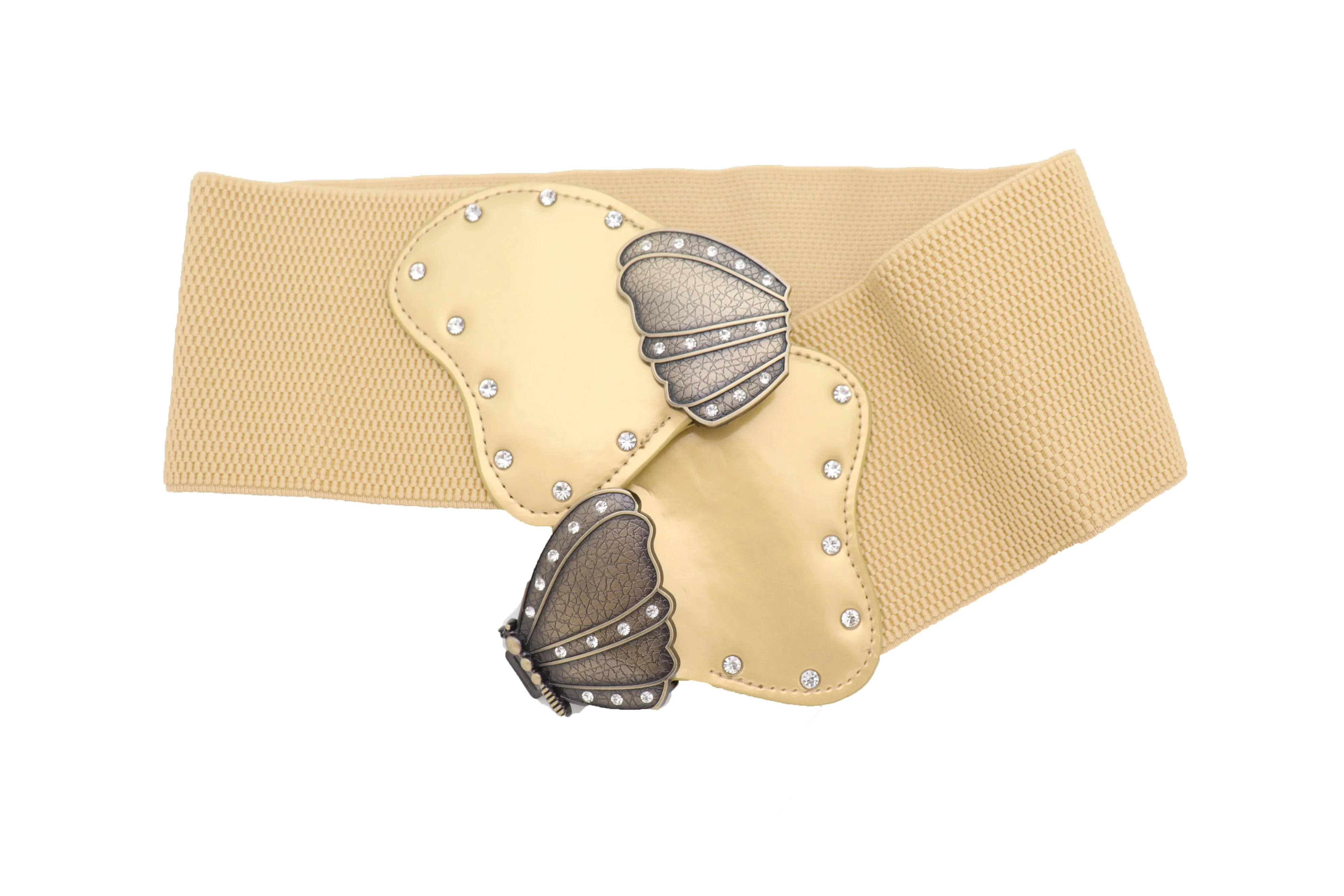 Fashion Wide Elastic Waistband Gold Belt Butterfly Metal Buckle Fit Size S M