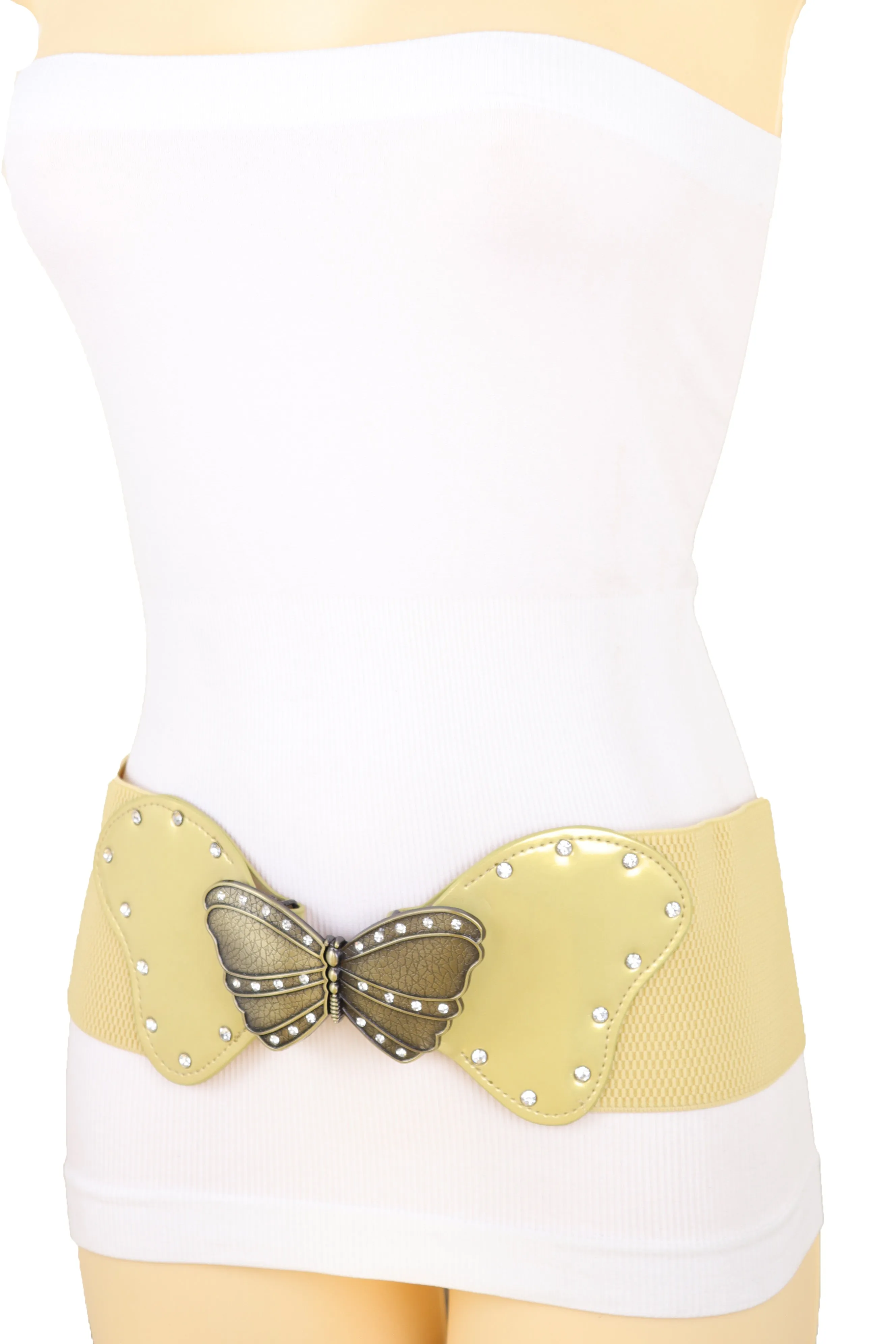 Fashion Wide Elastic Waistband Gold Belt Butterfly Metal Buckle Fit Size S M