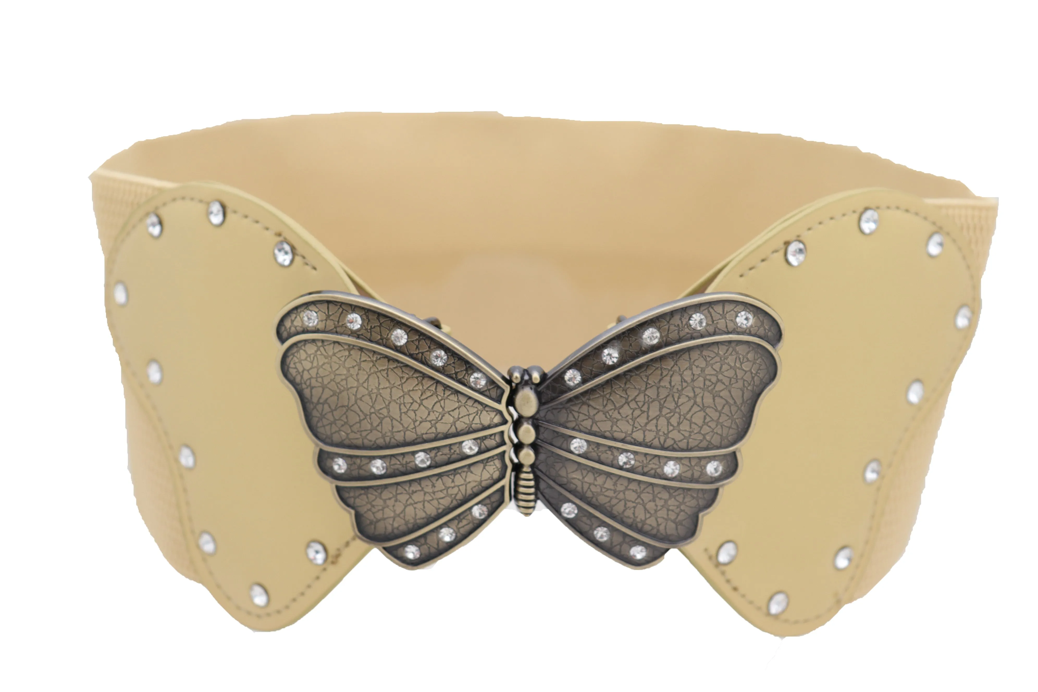 Fashion Wide Elastic Waistband Gold Belt Butterfly Metal Buckle Fit Size S M