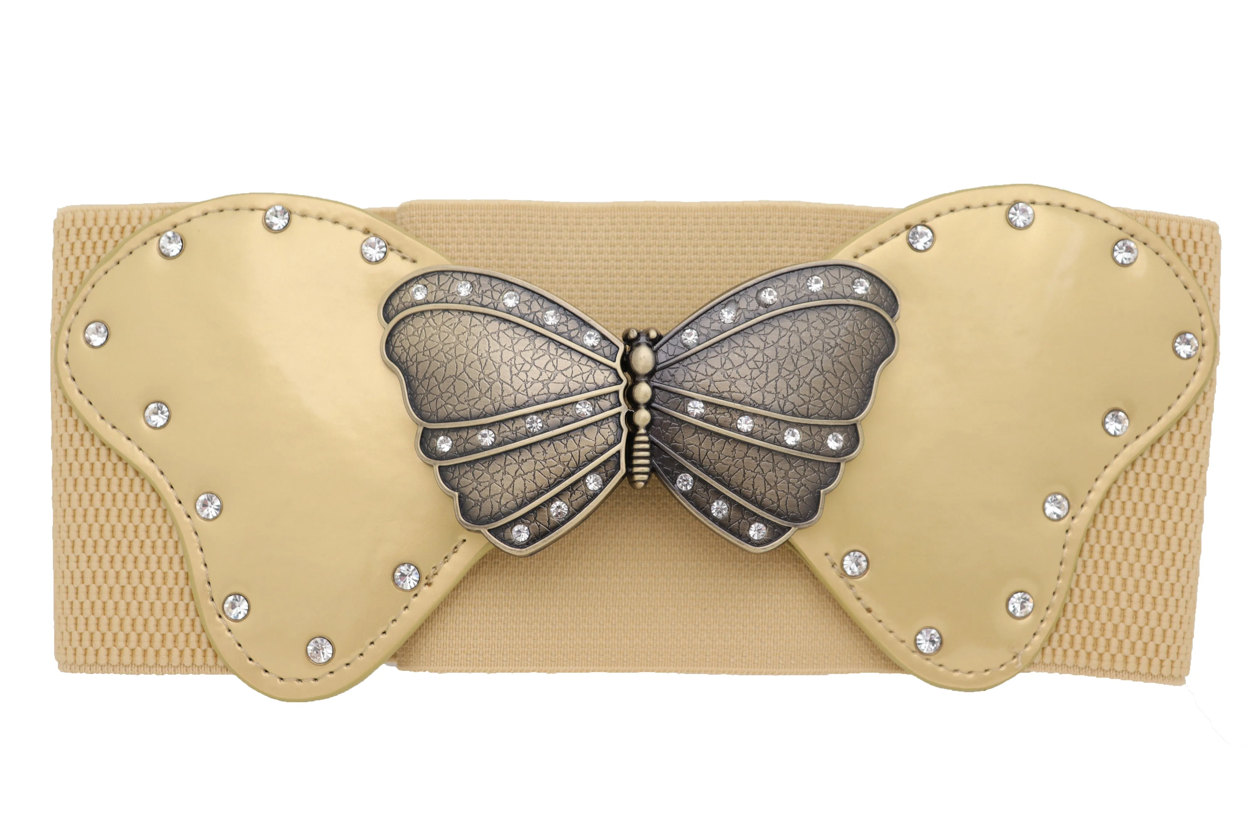 Fashion Wide Elastic Waistband Gold Belt Butterfly Metal Buckle Fit Size S M