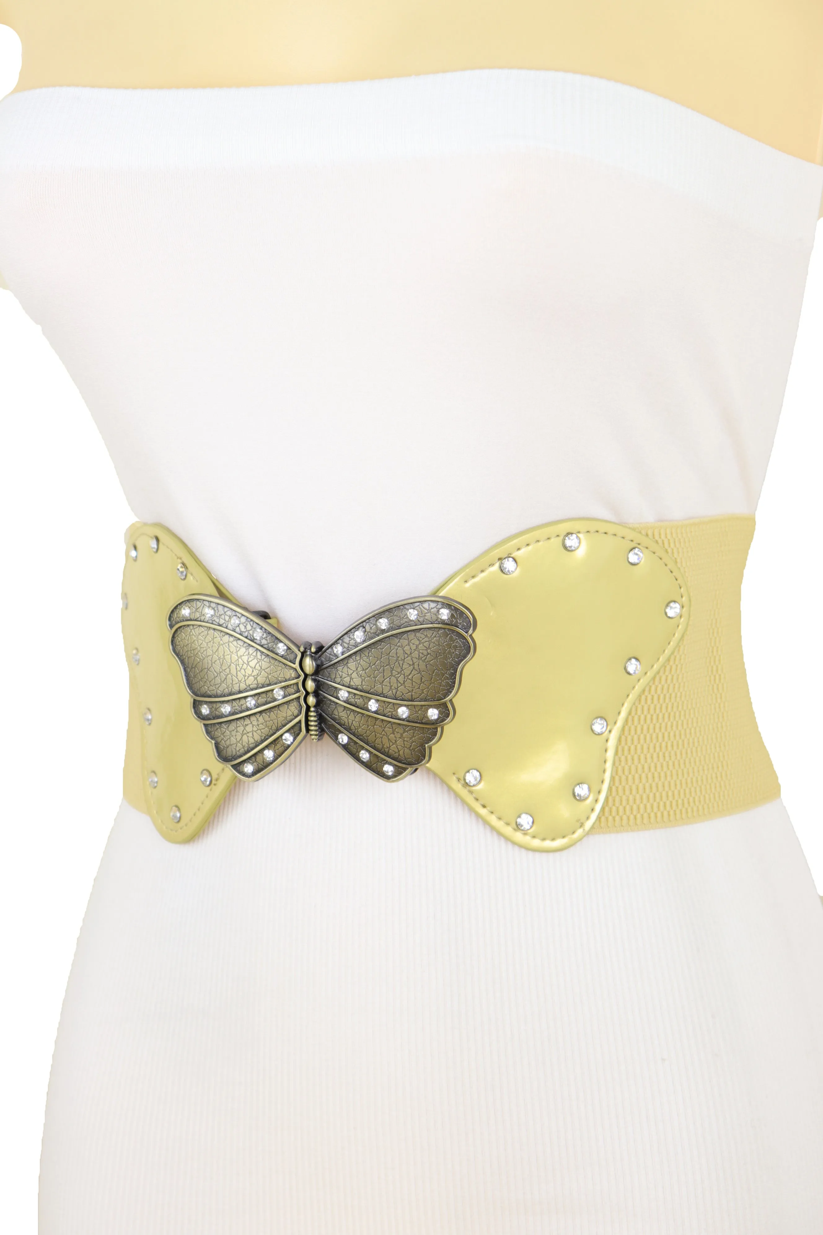 Fashion Wide Elastic Waistband Gold Belt Butterfly Metal Buckle Fit Size S M