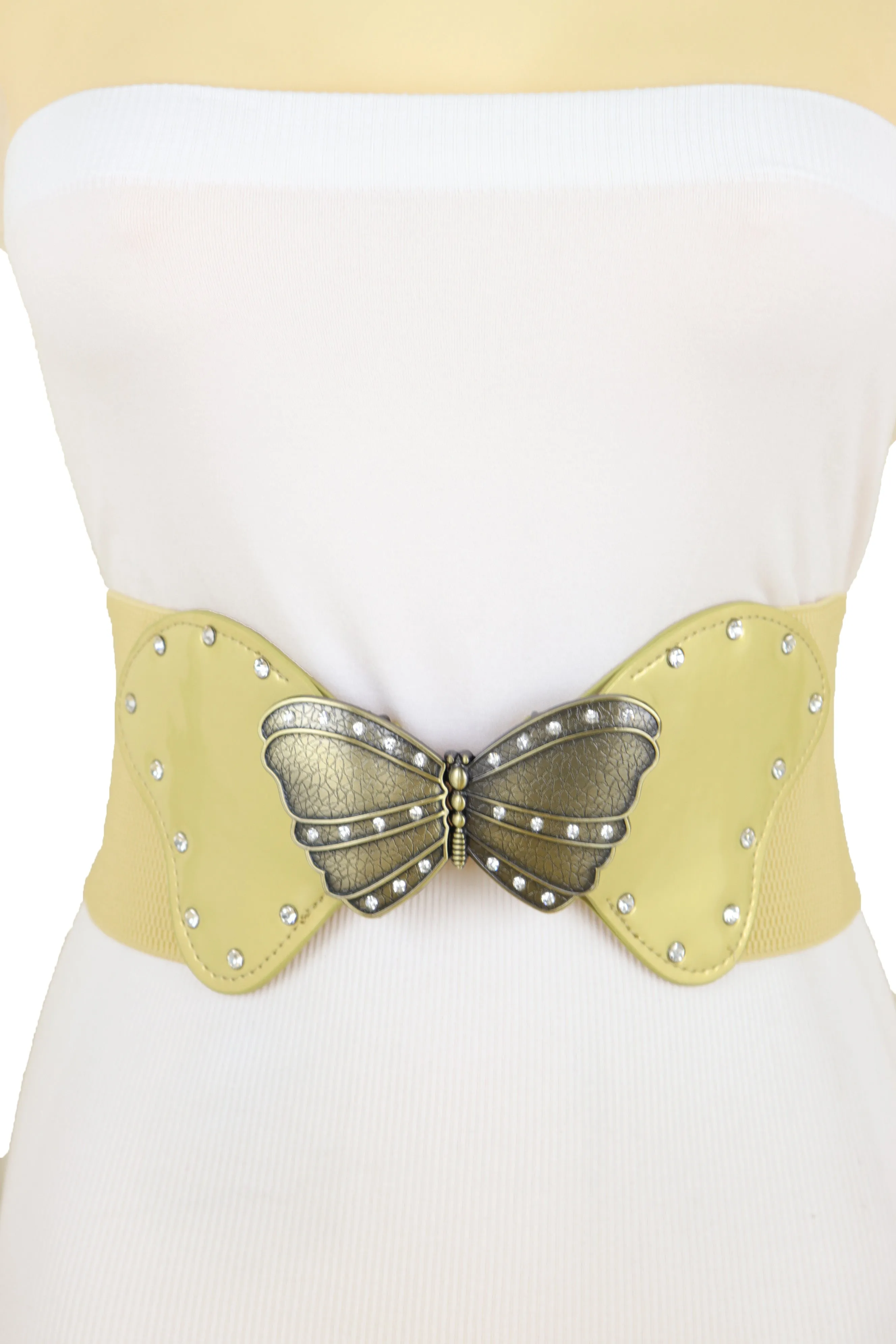 Fashion Wide Elastic Waistband Gold Belt Butterfly Metal Buckle Fit Size S M