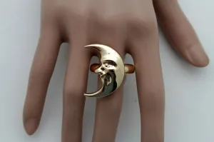 Gold Crescent Moon Man in the Moon Smiling Ring