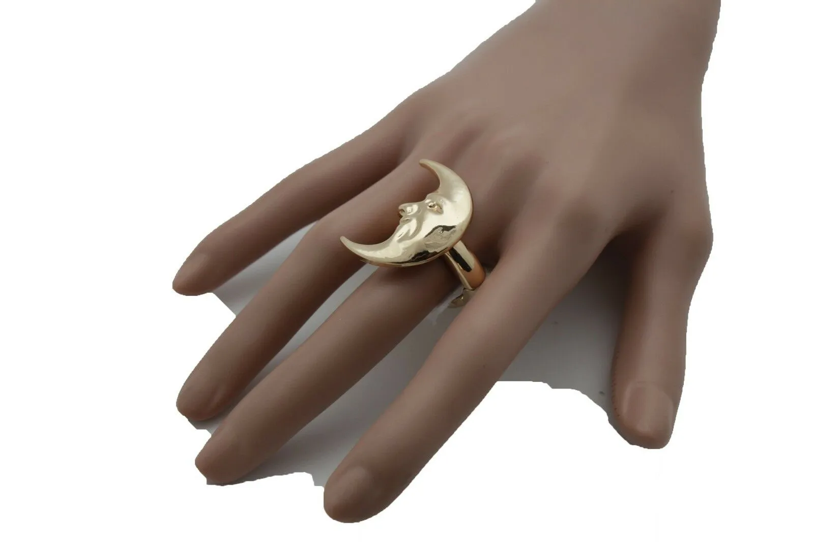 Gold Crescent Moon Man in the Moon Smiling Ring