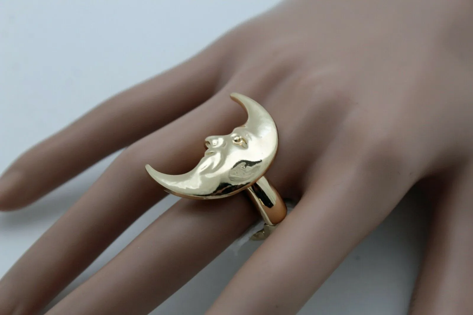 Gold Crescent Moon Man in the Moon Smiling Ring