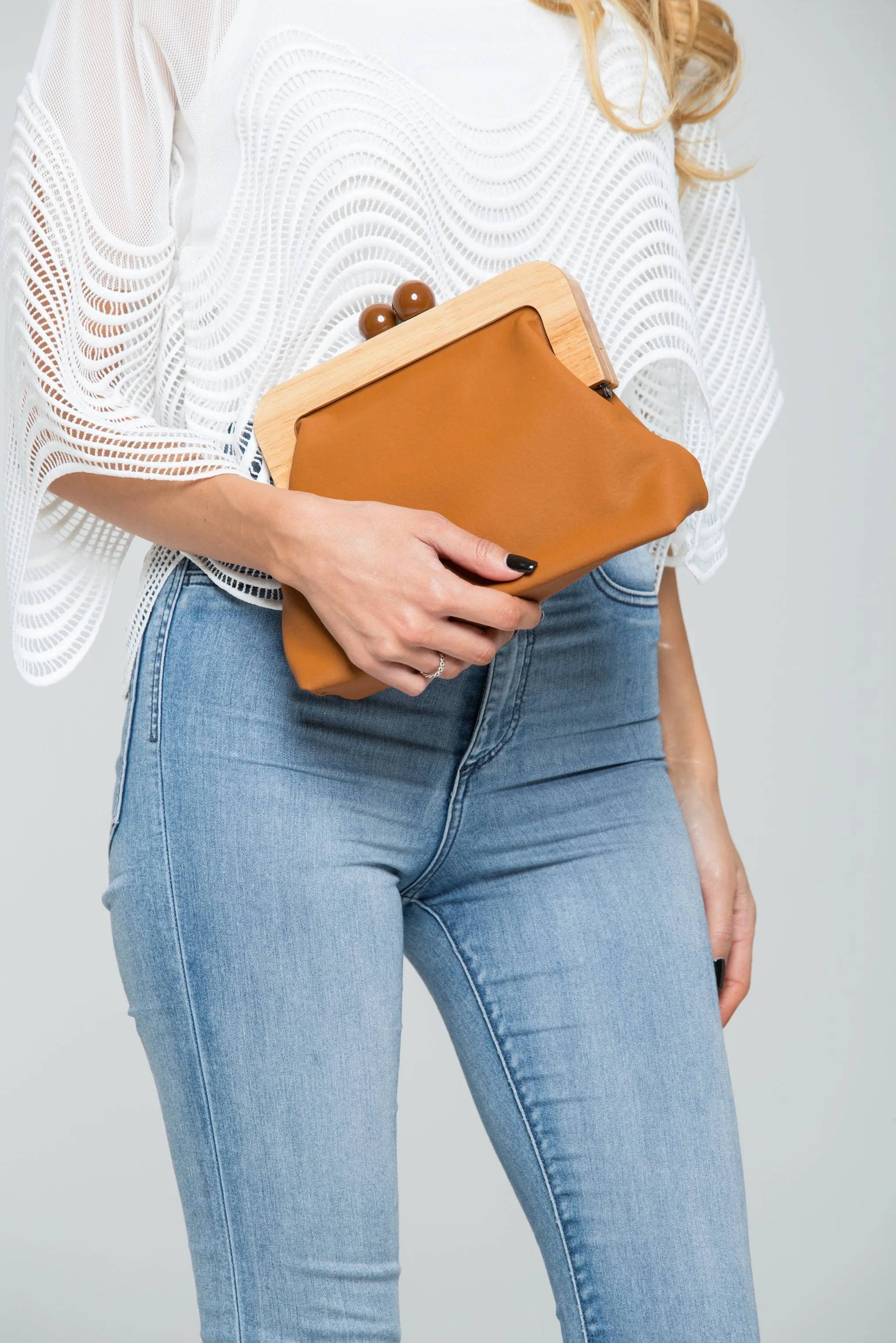 Mocha Faux Leather Wood Clip Purse