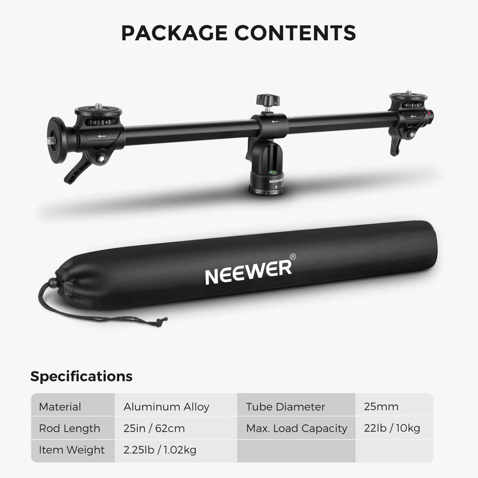 NEEWER 25"/30'' 62cm/76cm Horizontal Tripod Center Axis